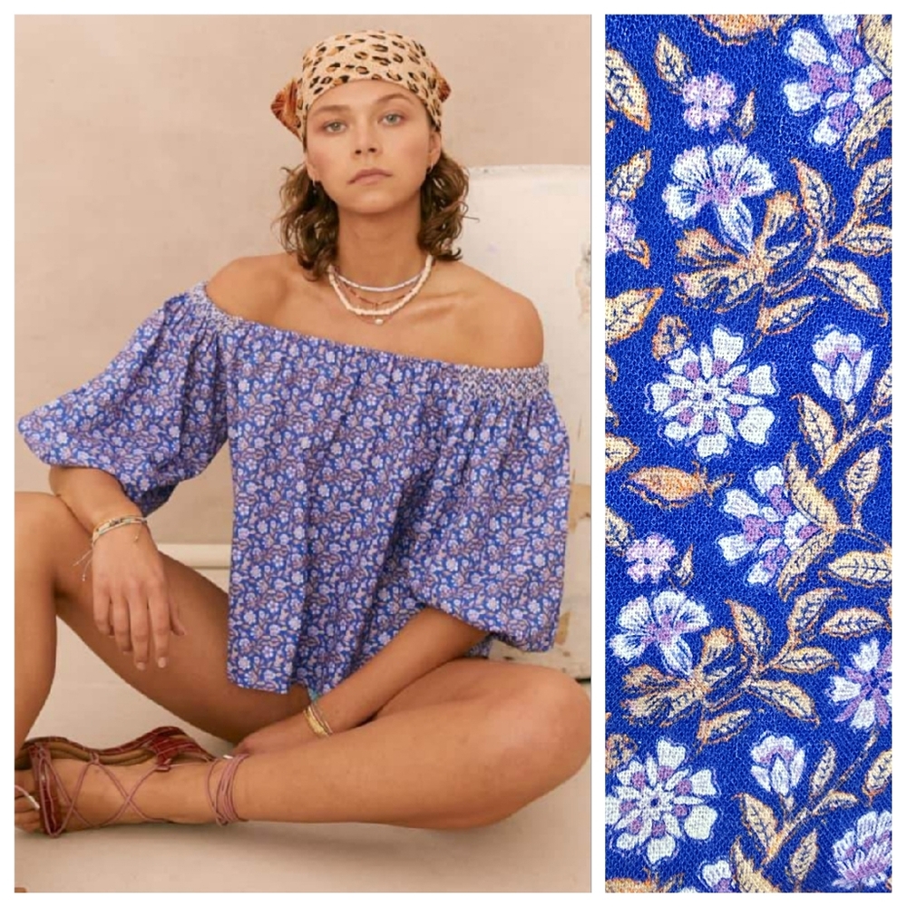 Boteh Polyxena Linen Floral Off the Shoulder Top Shirt
